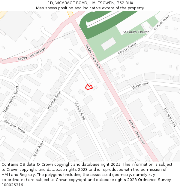 1D, VICARAGE ROAD, HALESOWEN, B62 8HX: Location map and indicative extent of plot