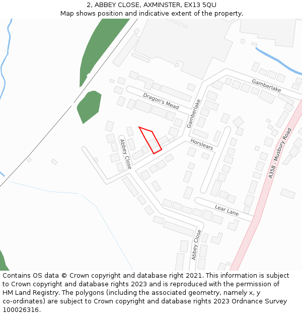 2, ABBEY CLOSE, AXMINSTER, EX13 5QU: Location map and indicative extent of plot