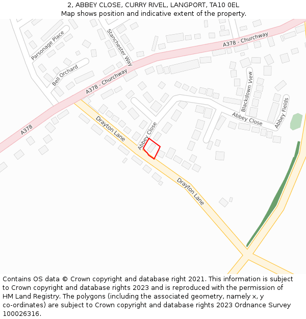 2, ABBEY CLOSE, CURRY RIVEL, LANGPORT, TA10 0EL: Location map and indicative extent of plot