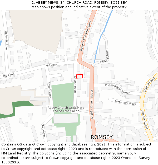 2, ABBEY MEWS, 34, CHURCH ROAD, ROMSEY, SO51 8EY: Location map and indicative extent of plot