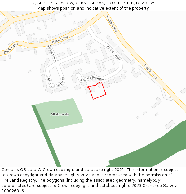 2, ABBOTS MEADOW, CERNE ABBAS, DORCHESTER, DT2 7GW: Location map and indicative extent of plot