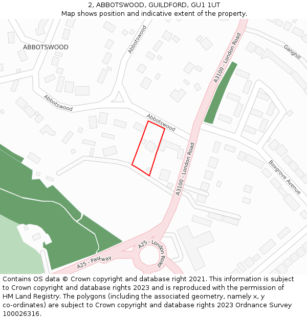 2, ABBOTSWOOD, GUILDFORD, GU1 1UT: Location map and indicative extent of plot