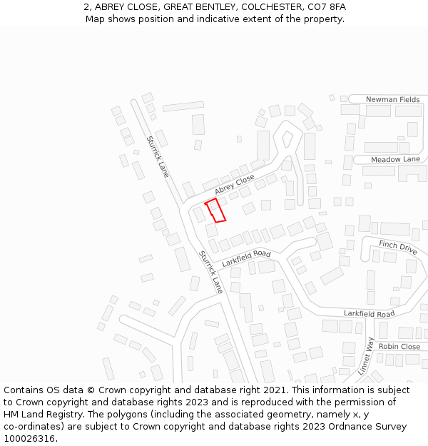 2, ABREY CLOSE, GREAT BENTLEY, COLCHESTER, CO7 8FA: Location map and indicative extent of plot