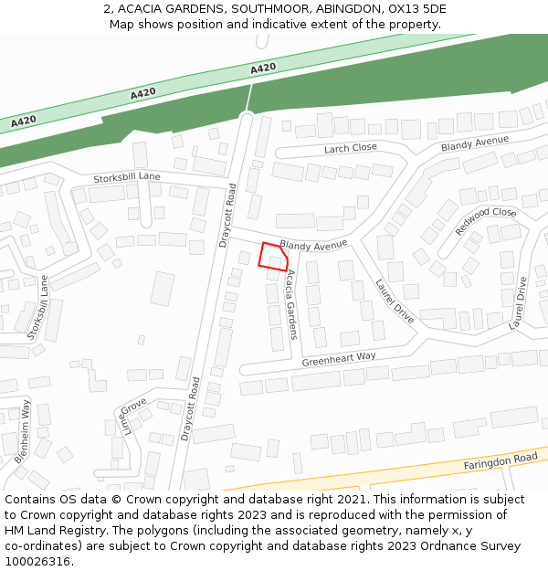 2, ACACIA GARDENS, SOUTHMOOR, ABINGDON, OX13 5DE: Location map and indicative extent of plot