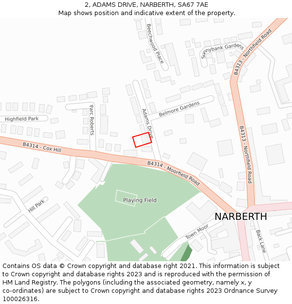 2, ADAMS DRIVE, NARBERTH, SA67 7AE: Location map and indicative extent of plot