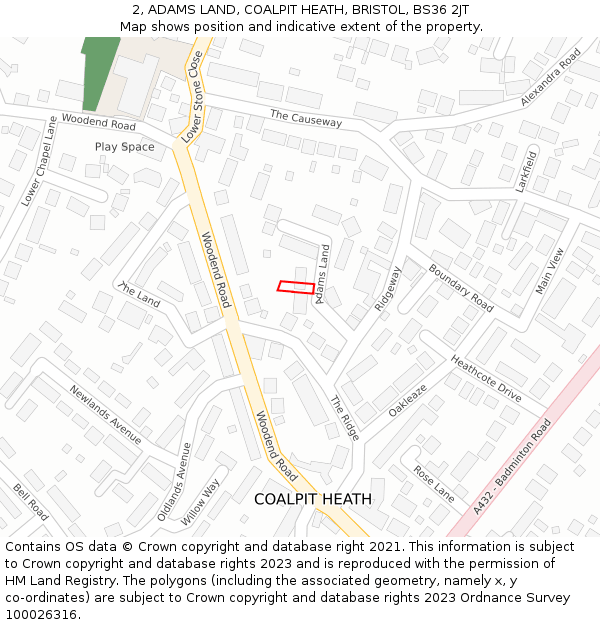 2, ADAMS LAND, COALPIT HEATH, BRISTOL, BS36 2JT: Location map and indicative extent of plot