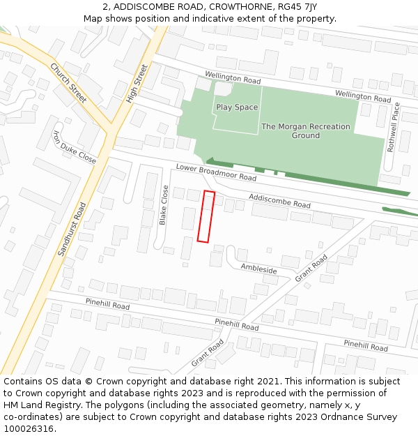 2, ADDISCOMBE ROAD, CROWTHORNE, RG45 7JY: Location map and indicative extent of plot