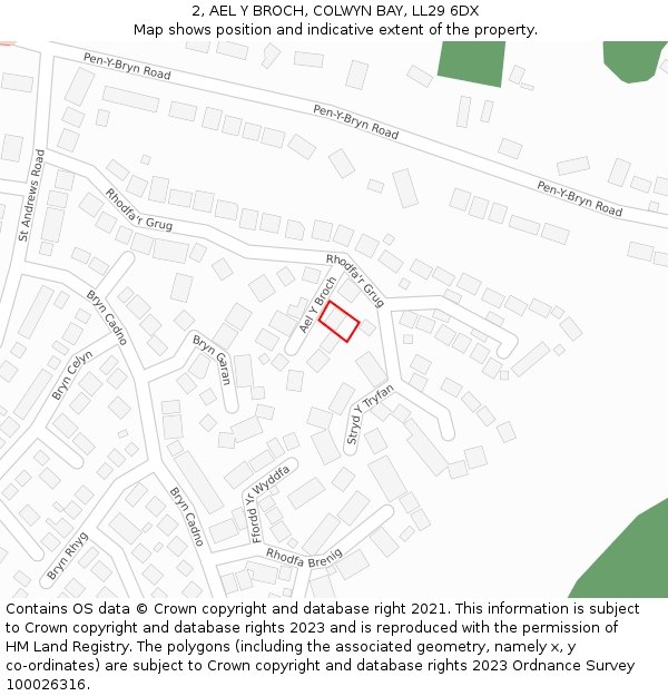 2, AEL Y BROCH, COLWYN BAY, LL29 6DX: Location map and indicative extent of plot