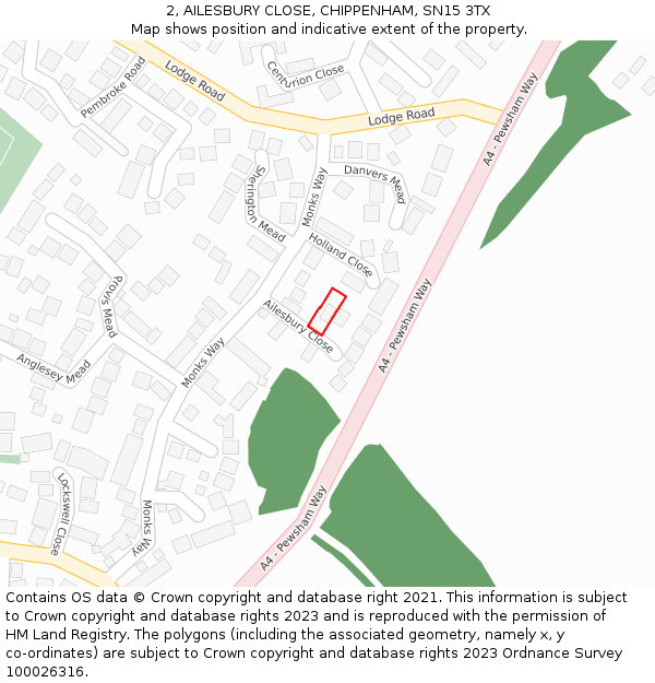 2, AILESBURY CLOSE, CHIPPENHAM, SN15 3TX: Location map and indicative extent of plot