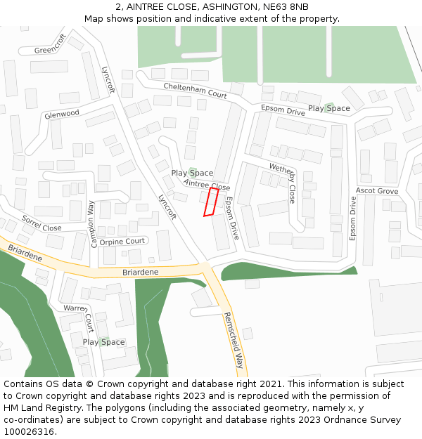 2, AINTREE CLOSE, ASHINGTON, NE63 8NB: Location map and indicative extent of plot