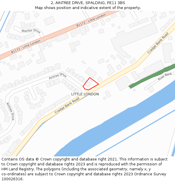 2, AINTREE DRIVE, SPALDING, PE11 3BS: Location map and indicative extent of plot