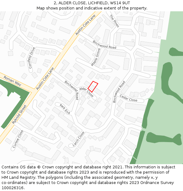 2, ALDER CLOSE, LICHFIELD, WS14 9UT: Location map and indicative extent of plot