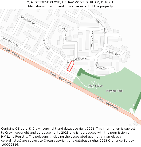 2, ALDERDENE CLOSE, USHAW MOOR, DURHAM, DH7 7NL: Location map and indicative extent of plot