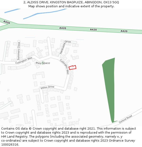 2, ALDISS DRIVE, KINGSTON BAGPUIZE, ABINGDON, OX13 5GQ: Location map and indicative extent of plot