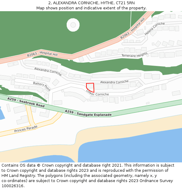 2, ALEXANDRA CORNICHE, HYTHE, CT21 5RN: Location map and indicative extent of plot