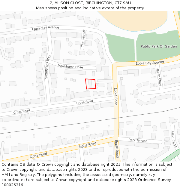 2, ALISON CLOSE, BIRCHINGTON, CT7 9AU: Location map and indicative extent of plot