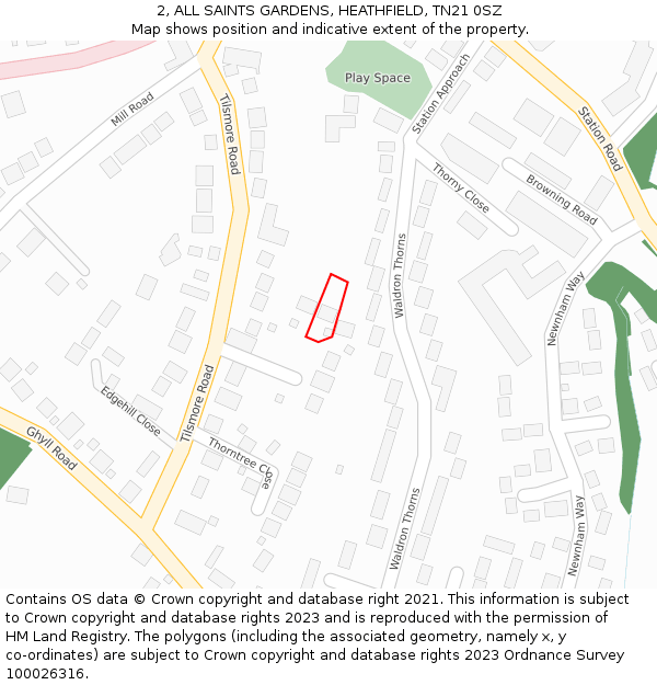 2, ALL SAINTS GARDENS, HEATHFIELD, TN21 0SZ: Location map and indicative extent of plot