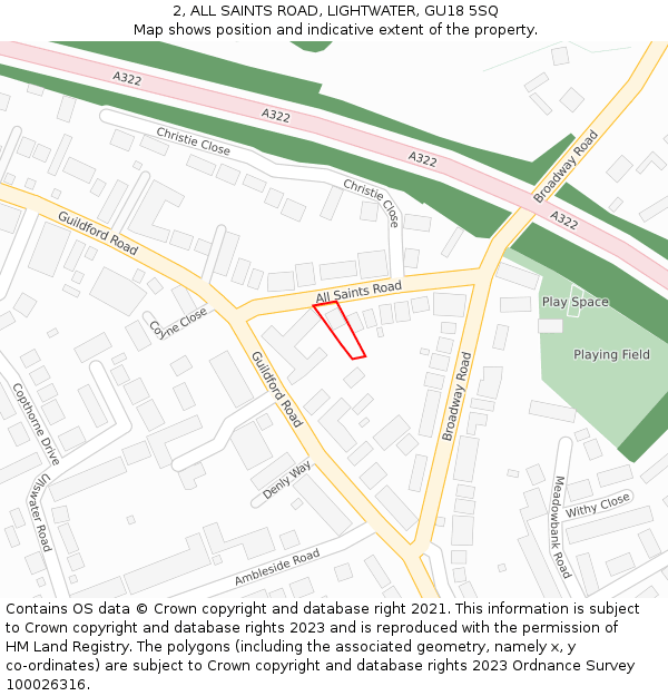 2, ALL SAINTS ROAD, LIGHTWATER, GU18 5SQ: Location map and indicative extent of plot