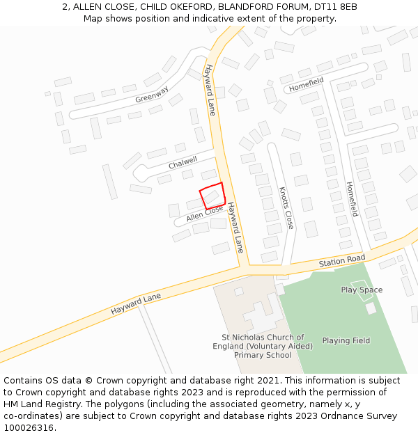 2, ALLEN CLOSE, CHILD OKEFORD, BLANDFORD FORUM, DT11 8EB: Location map and indicative extent of plot