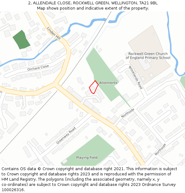 2, ALLENDALE CLOSE, ROCKWELL GREEN, WELLINGTON, TA21 9BL: Location map and indicative extent of plot