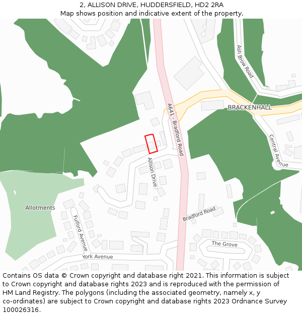 2, ALLISON DRIVE, HUDDERSFIELD, HD2 2RA: Location map and indicative extent of plot