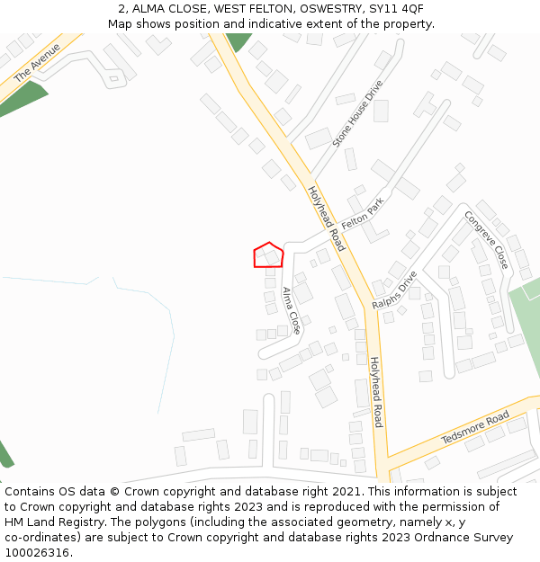 2, ALMA CLOSE, WEST FELTON, OSWESTRY, SY11 4QF: Location map and indicative extent of plot