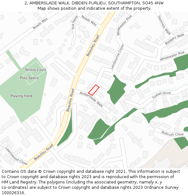 2, AMBERSLADE WALK, DIBDEN PURLIEU, SOUTHAMPTON, SO45 4NW: Location map and indicative extent of plot