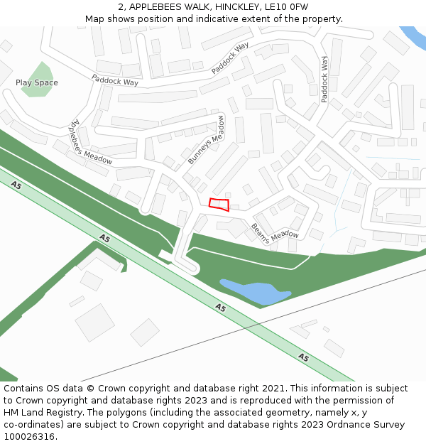 2, APPLEBEES WALK, HINCKLEY, LE10 0FW: Location map and indicative extent of plot