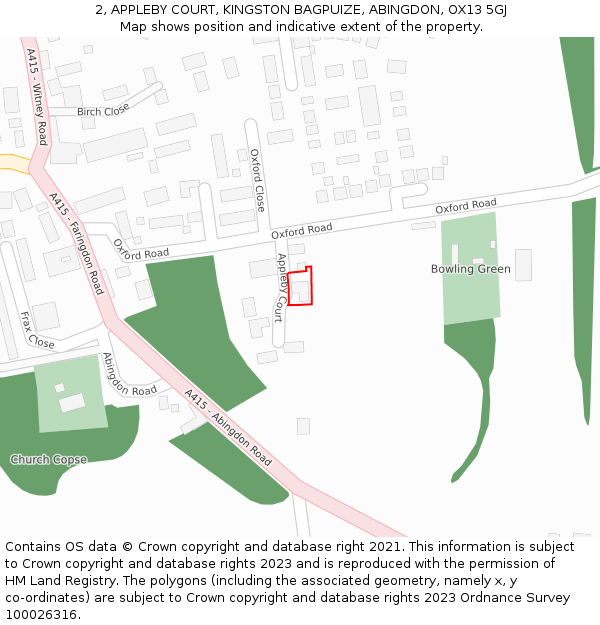 2, APPLEBY COURT, KINGSTON BAGPUIZE, ABINGDON, OX13 5GJ: Location map and indicative extent of plot
