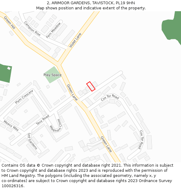 2, ARIMOOR GARDENS, TAVISTOCK, PL19 9HN: Location map and indicative extent of plot