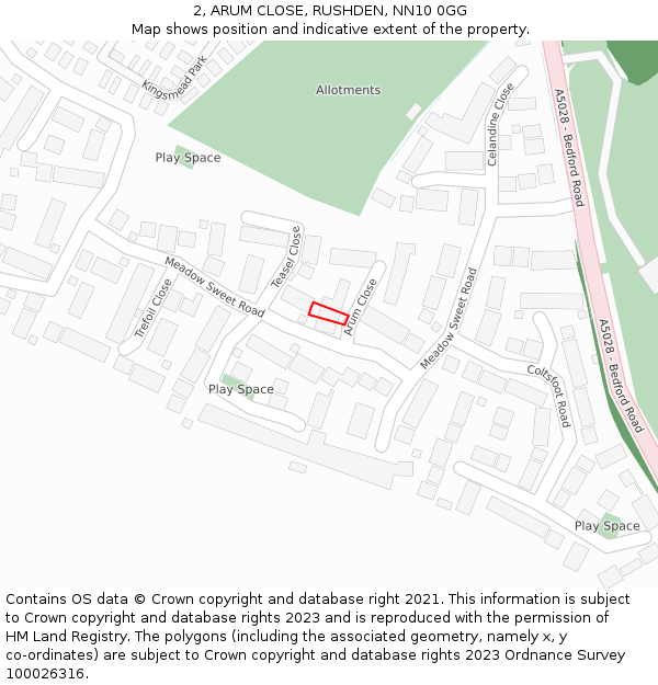 2, ARUM CLOSE, RUSHDEN, NN10 0GG: Location map and indicative extent of plot