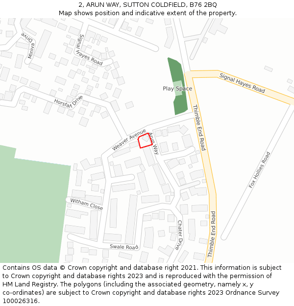 2, ARUN WAY, SUTTON COLDFIELD, B76 2BQ: Location map and indicative extent of plot