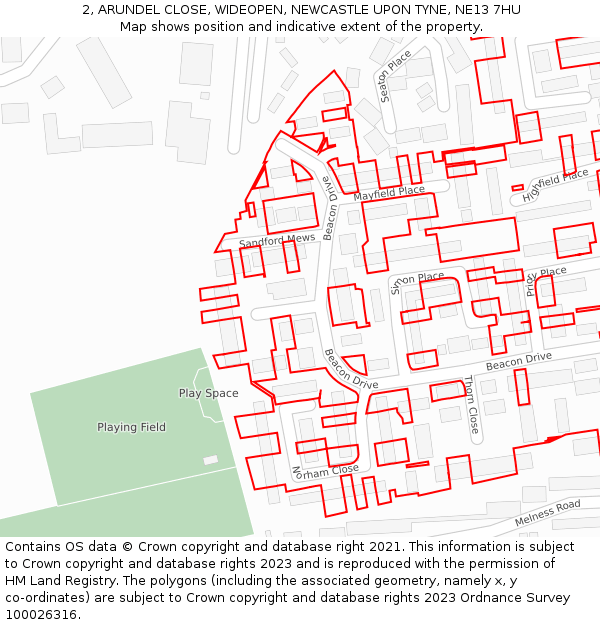 2, ARUNDEL CLOSE, WIDEOPEN, NEWCASTLE UPON TYNE, NE13 7HU: Location map and indicative extent of plot