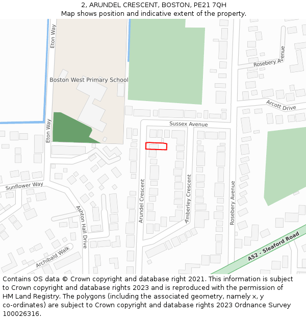 2, ARUNDEL CRESCENT, BOSTON, PE21 7QH: Location map and indicative extent of plot