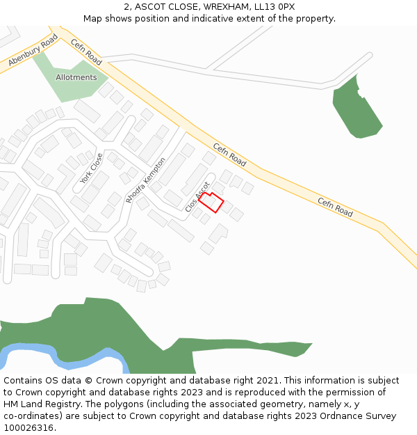2, ASCOT CLOSE, WREXHAM, LL13 0PX: Location map and indicative extent of plot