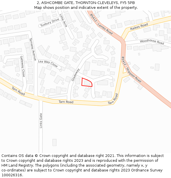 2, ASHCOMBE GATE, THORNTON-CLEVELEYS, FY5 5PB: Location map and indicative extent of plot