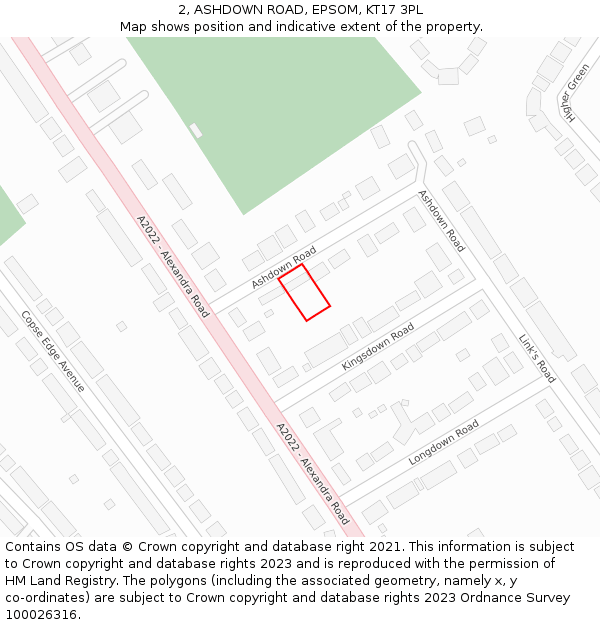 2, ASHDOWN ROAD, EPSOM, KT17 3PL: Location map and indicative extent of plot