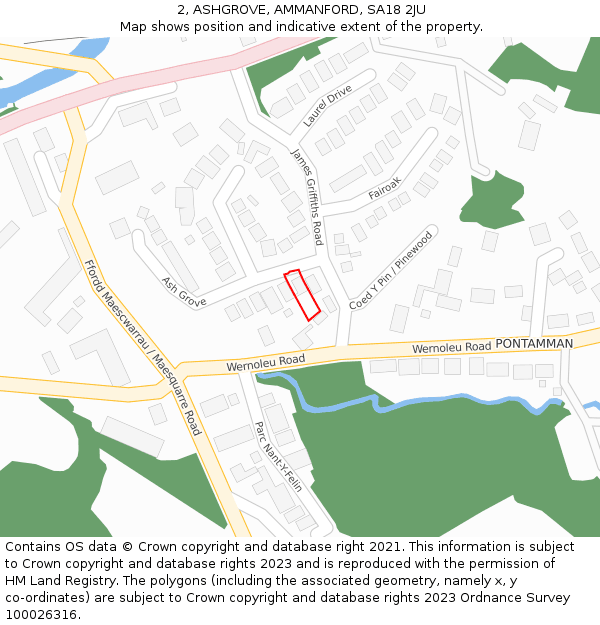 2, ASHGROVE, AMMANFORD, SA18 2JU: Location map and indicative extent of plot