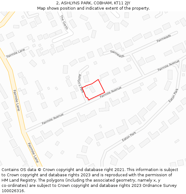2, ASHLYNS PARK, COBHAM, KT11 2JY: Location map and indicative extent of plot