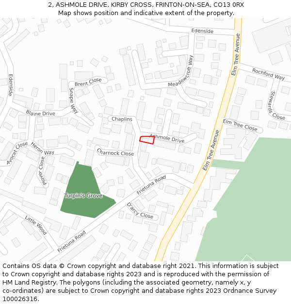 2, ASHMOLE DRIVE, KIRBY CROSS, FRINTON-ON-SEA, CO13 0RX: Location map and indicative extent of plot