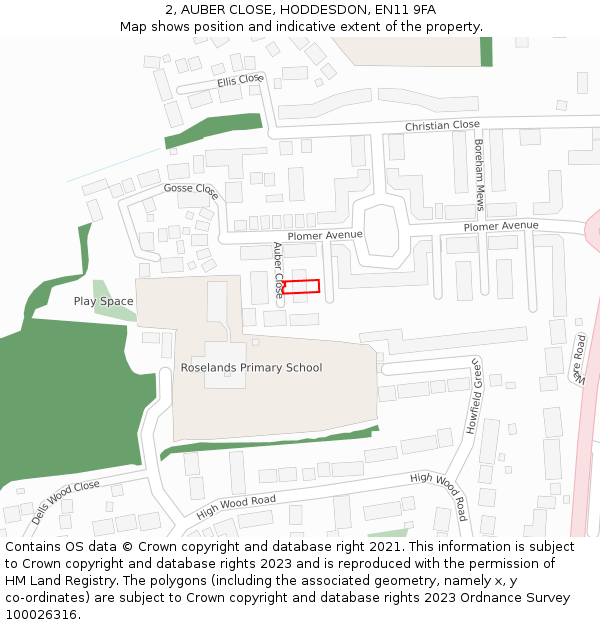 2, AUBER CLOSE, HODDESDON, EN11 9FA: Location map and indicative extent of plot