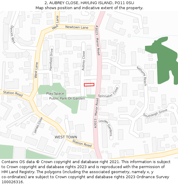 2, AUBREY CLOSE, HAYLING ISLAND, PO11 0SU: Location map and indicative extent of plot