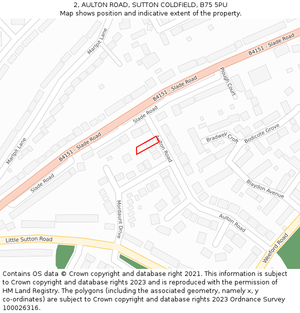2, AULTON ROAD, SUTTON COLDFIELD, B75 5PU: Location map and indicative extent of plot