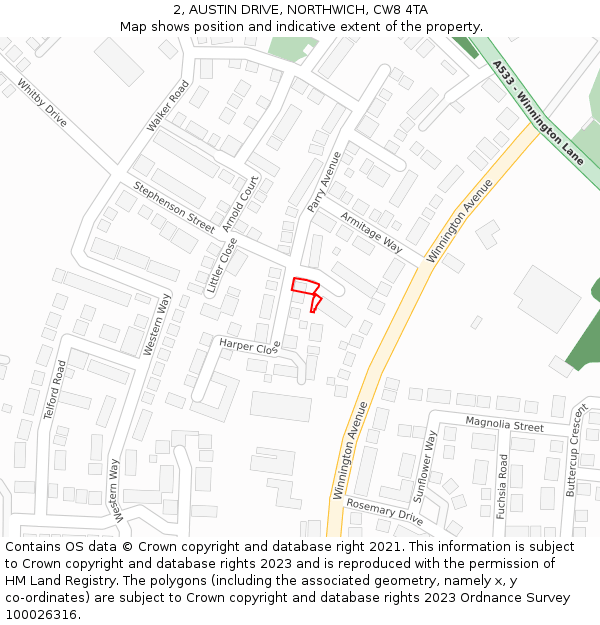 2, AUSTIN DRIVE, NORTHWICH, CW8 4TA: Location map and indicative extent of plot