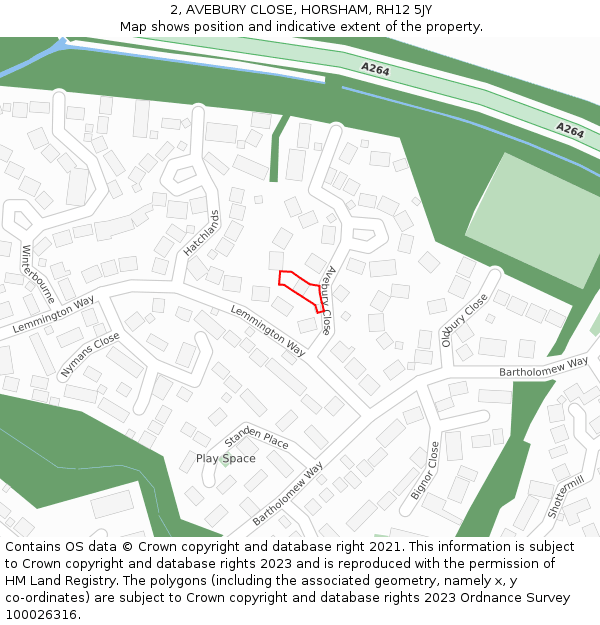 2, AVEBURY CLOSE, HORSHAM, RH12 5JY: Location map and indicative extent of plot