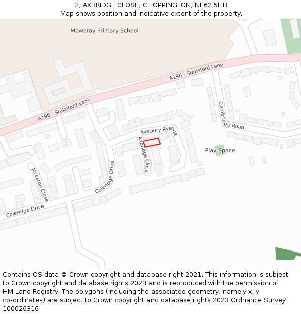 2, AXBRIDGE CLOSE, CHOPPINGTON, NE62 5HB: Location map and indicative extent of plot