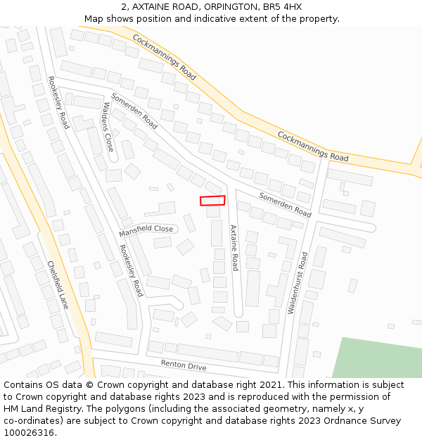 2, AXTAINE ROAD, ORPINGTON, BR5 4HX: Location map and indicative extent of plot
