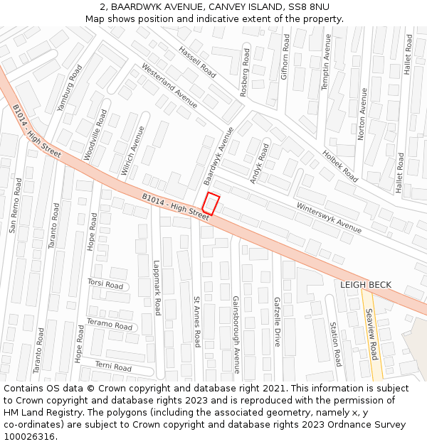 2, BAARDWYK AVENUE, CANVEY ISLAND, SS8 8NU: Location map and indicative extent of plot