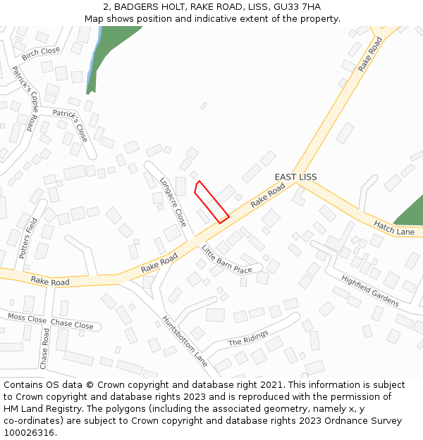 2, BADGERS HOLT, RAKE ROAD, LISS, GU33 7HA: Location map and indicative extent of plot