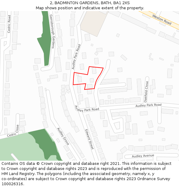 2, BADMINTON GARDENS, BATH, BA1 2XS: Location map and indicative extent of plot